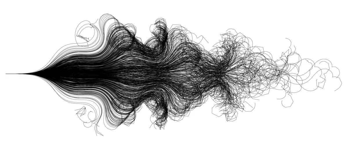 Hundreds of black curved traces fanning out from a single starting point