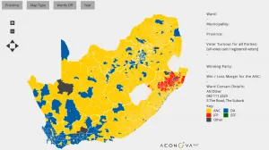 A map of South Africa coloured by winning party, with a ward details panel