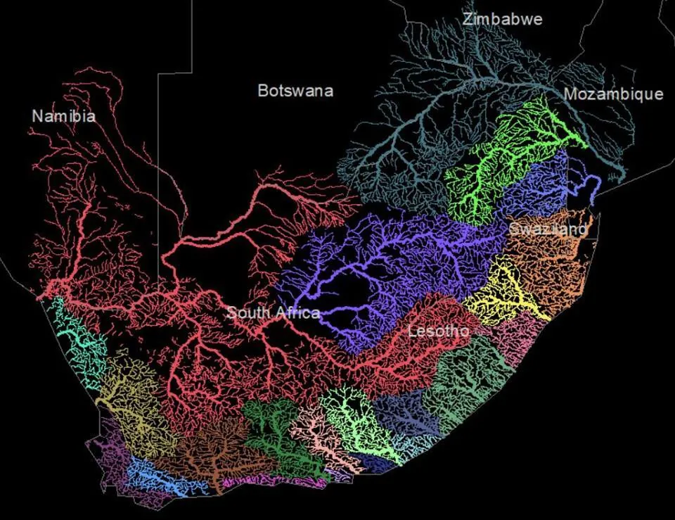 South African river basins drawn in colour on a black map, with neighbouring countries labelled